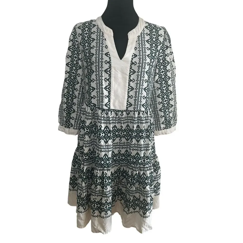 Fig & Flower Dress Boho Cream Green Tiered Knee Length SZ M Anthropologie Derby - Picture 2 of 9